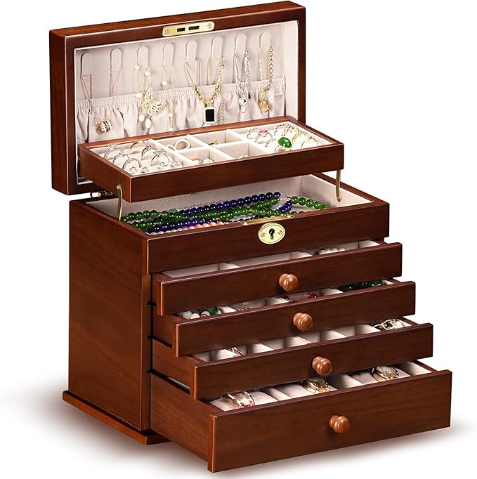 Vintage Wooden Jewelry Box with Dual Key Lock, Carved Top, Necklace Hooks – Antique Jewelry Organizer for Dresser Tabletop, Jewelry Storage Boxes for Women