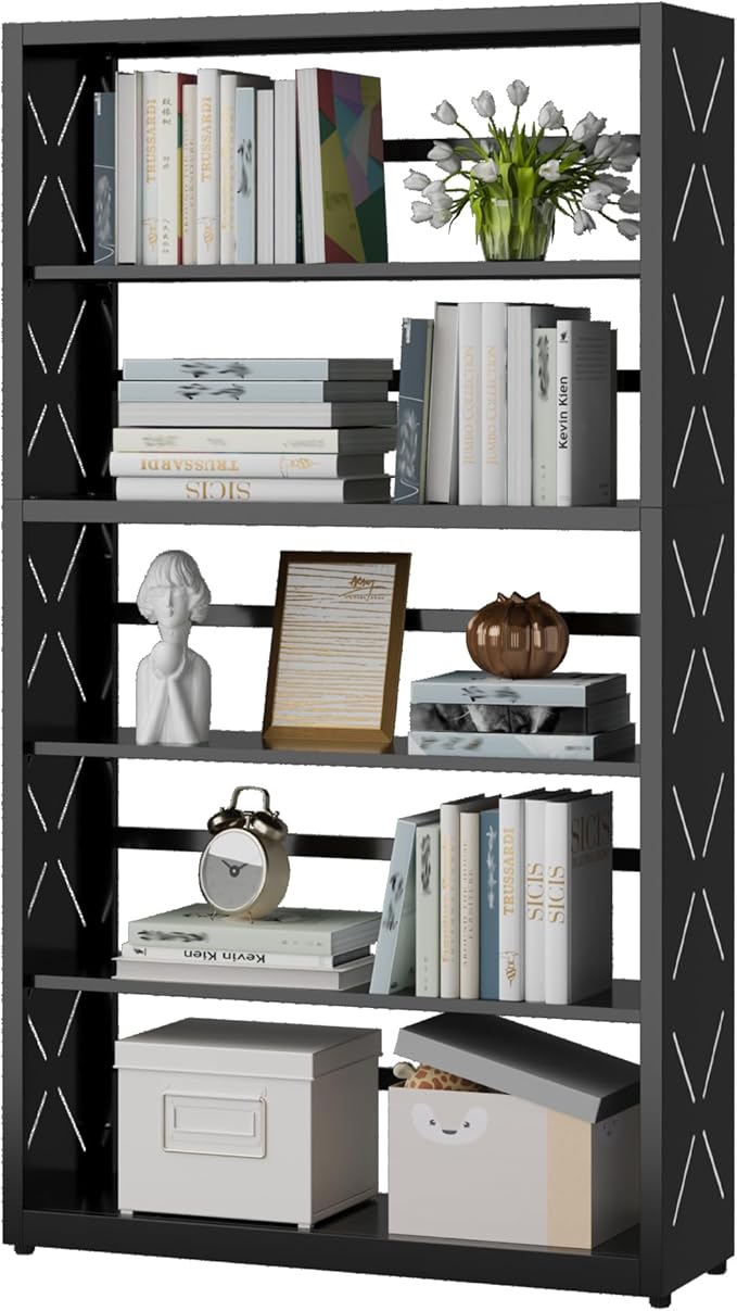 5 Tier Bookcase,Industrial Bookshelf,55" Black Metal Tall Bookshelf with Adjustable Feet and Adjustable Shelves,Home Office Bookcase Shelf Storage Organizer for Living Room、Kitchen