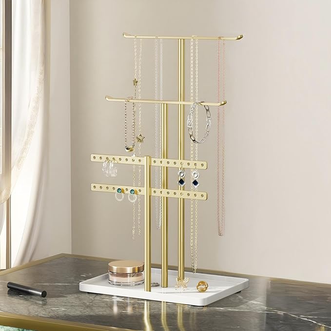 Jewelry Stand Organizer for Necklace Earring - 14.5" Sturdy Metal, 3-TierJewelry Holder for Bracelet, Ring Display and Storage, Gold
