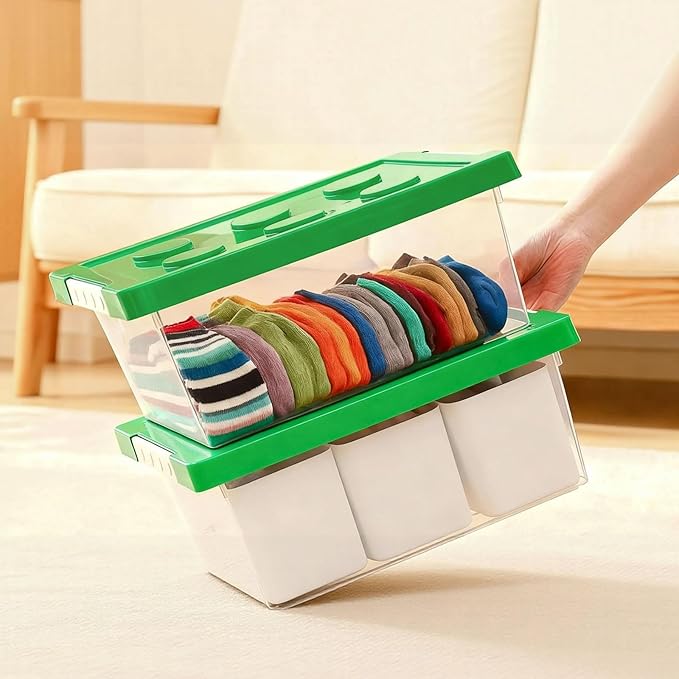 loobuu Plastic Storage Bins with Lids, Art Craft Supply Organizer Box with Brush Pot, Multipurpose Stackable Storage Containers for Organizing Tool, Craft, Crayon,Sewing (Green)