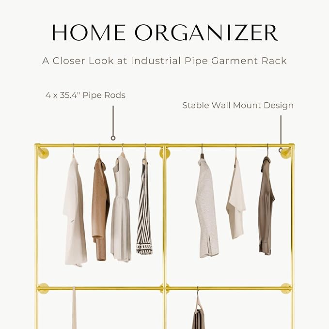 Industrial Pipe Clothing Rack, Heavy Duty Wall Mounted Clothes Rack, Retail Display Hanging Garment Rod for Laundry Rooms Closet Storage, 14.6x75x82.7 Inches, Model K09 Gold