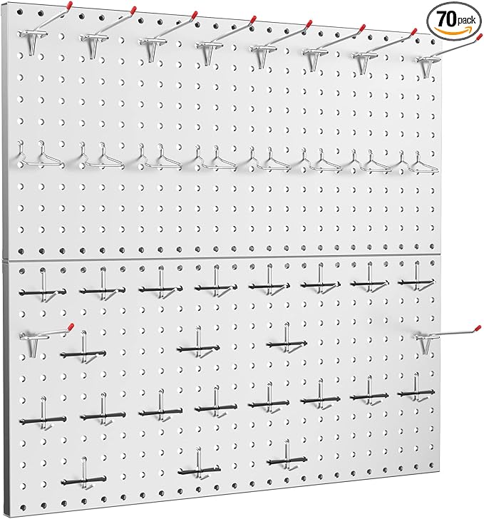 TORACK Metal Pegboard Wall Tool Organizer 24" x 24" or 12" x 48", 70 PCS Tools Storage Pegboard for Garage Peg Board Tool Organizer Board with Hooks for Workbench(Grey)