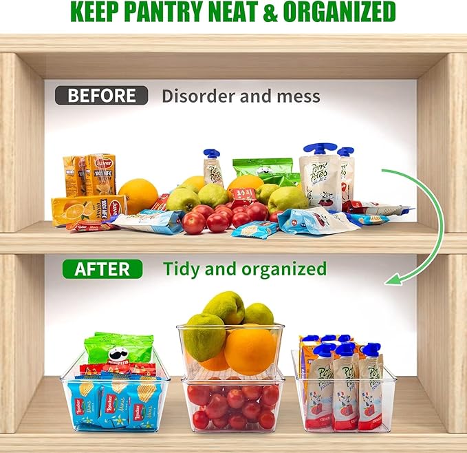 4 Pack Pantry Organizers and Storage,Snack Containers with 3 Dividers for Kitchen,Fridge,Refrigerator Organization and Storage,Clear Plastic Organizer Bins for Spice,Tea bag,Seasoning