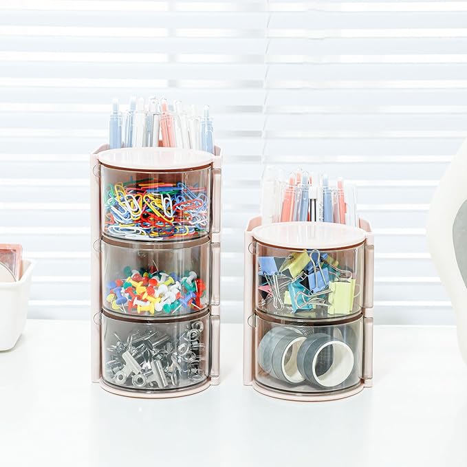 FABROK 3-Layer Clear Hair Accessories Organizer with Hair Brushes Holder, Rotatable Small Jewelry Box for Hair Clip Earring Necklaces, Desktop Organizer Case for Cotton Swab, Hair Accessories(Pink)