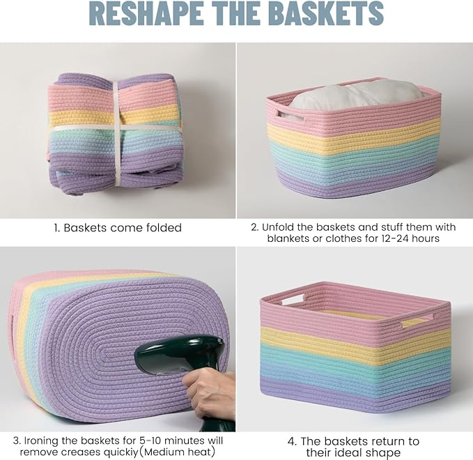5 Pack Rainbow Woven Storage Baskets for Shelves, Decorative Toy Baskets Organizer for Kids Room, Nursery, Playroom, Classroom – Colorful Cotton Rope Toy Storage Bins for Organizing & Decor