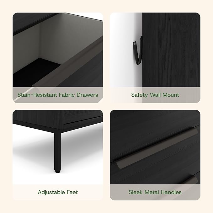 Lira Premium Fabric Dresser - Solid Wooden Frame, 8 Spacious Sag-Proof Drawers with Sleek Metal Handles - Premium & Durable Storage Solution for Your Home (Black)