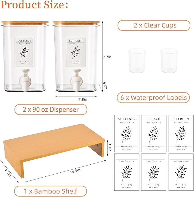 Liquid Laundry Detergent Dispenser Set with Shelf and Bamboo Lids for Laundry Room Organization and Storage - 2 Pack 96 oz Laundry Containers for Laundry Soap, Fabric Softener