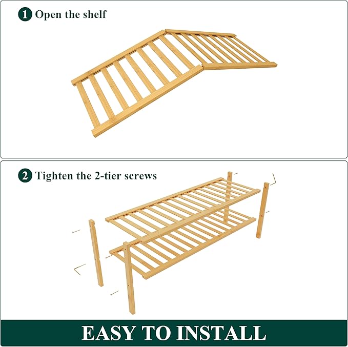 Smiry Bamboo Shoe Rack for Closet, 2 Tier Long Wooden Stackable Shoe Organizer, Free Standing Shoes Storage Shelf for Entryway, Front Door Entrance, Natural