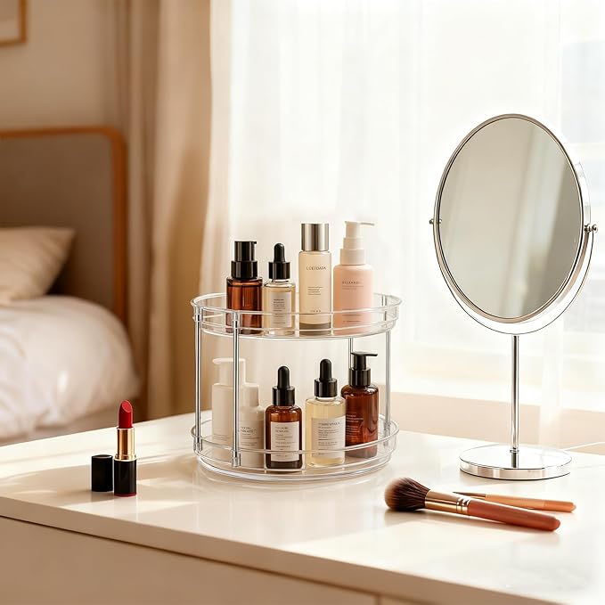 2-Pack 2-Tier Clear Lazy Susan Turntable Organizer, 9.5" Rotating Spice Rack for Kitchen Cabinet, Countertop Tray for Bathroom & Vanity to Organize Makeup, Perfume and Jewelry