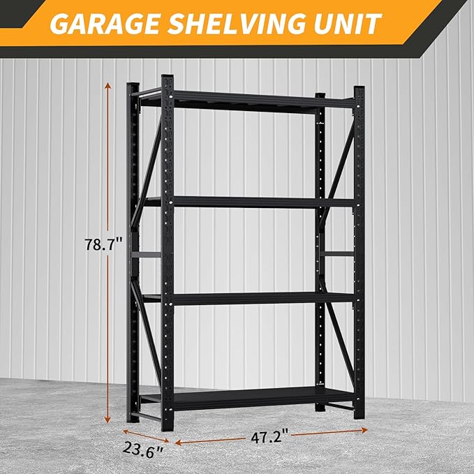 78.7"H Storage Garage Shelving Unit, 4000LBS Heavy Duty Metal Shelves Organization, Adjustable 4 Tier Utility Storage Shelf Rack for Industrial, Basement, Warehouse (Black, 23.6"D×47.2"W×78.7"H)