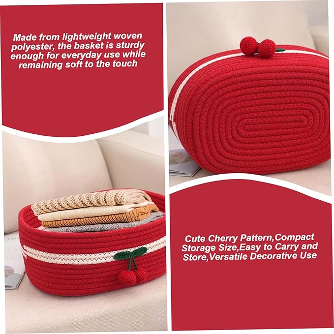 Organizer Baskets 12x8in Rectangle Cozy Woven Cherry Cute Basket Stackable Small Storage Bins for Kids Pets Toy Shelves