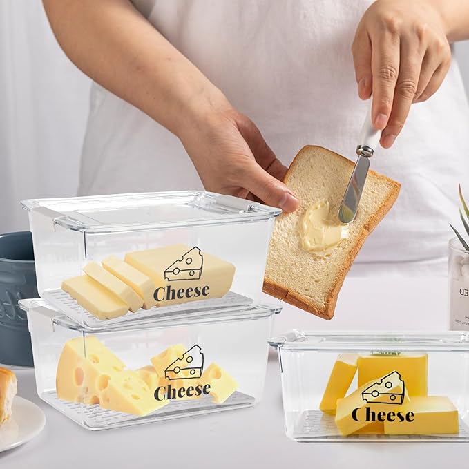 Cheese Holder Food Storage, Airtight Cheese Storage Box with Lid- Non Toxic, Lunch Meat Storage Sandwich Ham Cheeses Salami Sliced Turkey for Refrigerator to Keep Food Fresh,Clear-3Pack