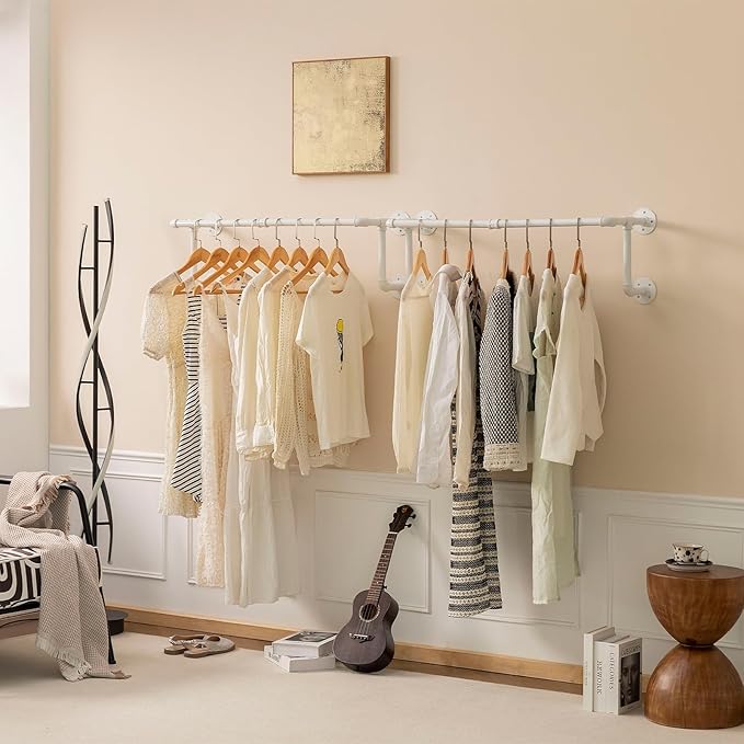 Clothes Racks, Industrial Pipe Clothing Racks for Hanging Clothes, Wall Mounted Heavy Duty Space Saving Garment Racks, Multi-Purpose Clothing Hanging Rods for Closet Storage, White, 2Pcs