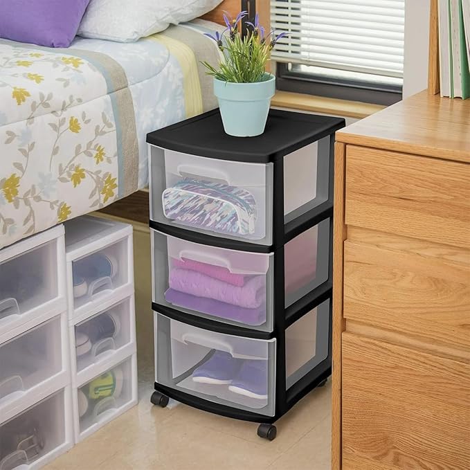 3 Drawer Rolling Plastic Storage Cart with Large Durable Clear Drawers and Removable Wheels, Suitable for Bedroom, Dormitory, Closet, Kitchen and Office (BLACK)
