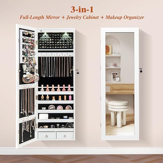 Giantex Jewelry Armoire Wall Door Mounted, Lockable Jewelry Cabinet with 42.5'' Full Length Mirror, 2 LEDs Jewelry Organizer Box with 2 Drawers, Mirror with Jewelry Storage (White)