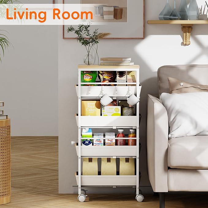 5-Tier Kitchen Storage Cart, Wood Top Rolling Cart Organizer with Pull-Out Baskets & Wheels, Metal Snack Cart with Holder for Fruit, Vegetable, Microwave, Kitchen, Pantry, White