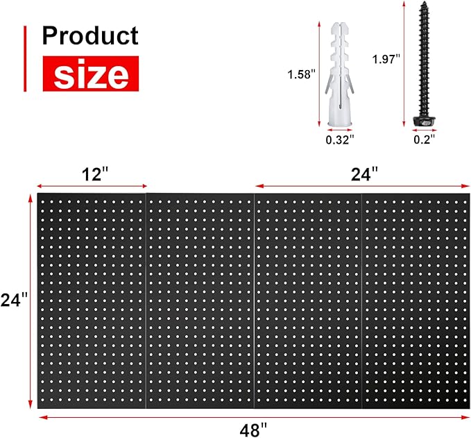 4Pcs Metal Pegboard Panels 24"x12" for Wall，Peg Boards for Garage Tools Pegboard Storage Organizer for Workbench, Shop,Bathroom,Office and Gaming Setup (Black, 24" x 12")