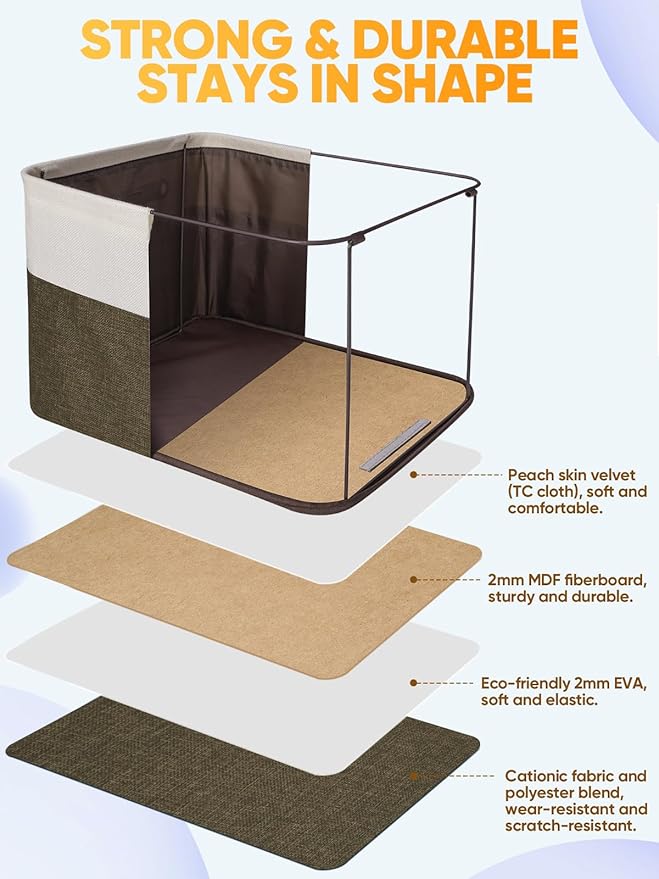 BALEINE 4 Pack Fabric Storage Bins for Shelves, Linen Storage Baskets for Organizing, Decorative Closet Bins for Clothes, Home (Brown, 14''x10''x8.5'')
