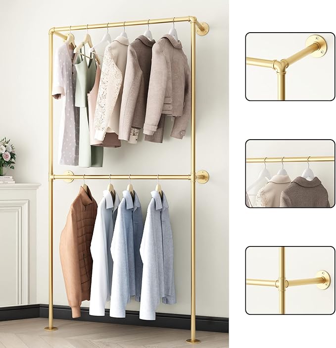 Gold Clothing Racks Wall Mount Clothes Rack, Heavy Duty Industrial Pipe Clothing Rack Retail Display Hanging Rod for Closet Storage, Laundry Room(Gold)