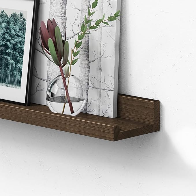 Forbena 36 Inch Long Picture Ledge Shelf, Wooden Floating Shelves for Wall with Lip, Dark Brown Wall Mounted Bookshelf Bookshelves for Living Room Bedroom Office Books Photos (Real Wood, Set of 4)