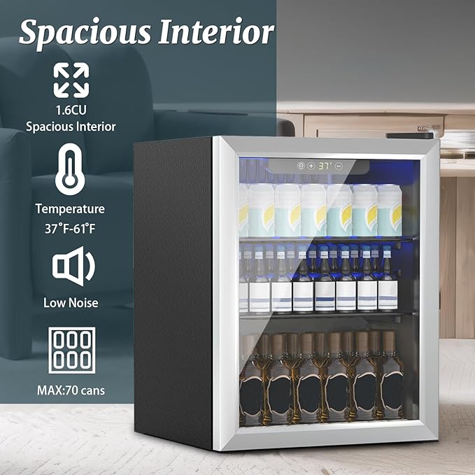 Compact 70 Can/1.7Cu.Ft Mini Fridge For Soda, Beer Or Wine, Portable Small Beverage Refrigerator With Digital Display&Removable Shelves &Reversible Glass Front Door For Office, Dorm, Bar