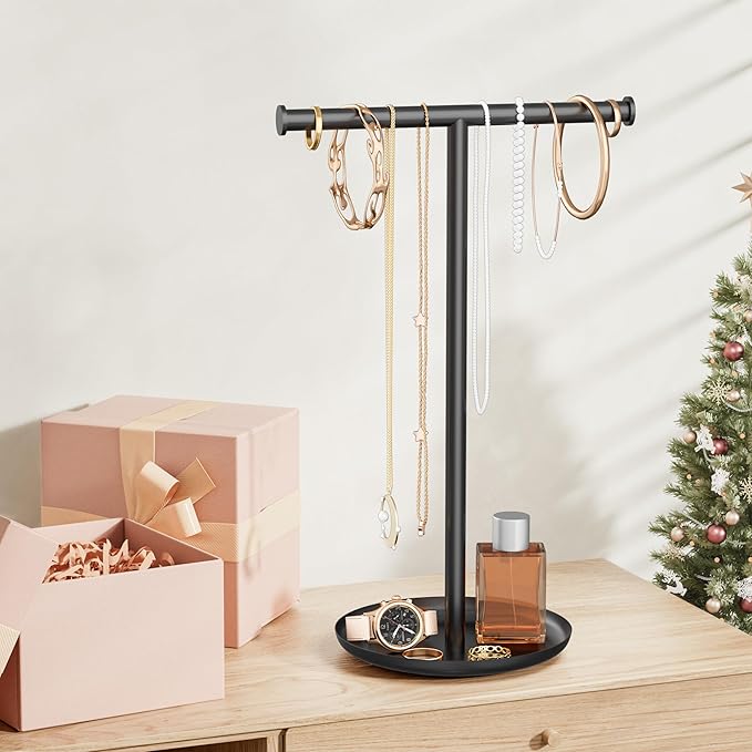 Necklace Organizer Stand with Storage Tray - 12.6" Tall T-Shaped Jewelry Holder Stand for Bracelets, Earrings, Rings | Stylish Home & Vanity Décor for Women, Black.