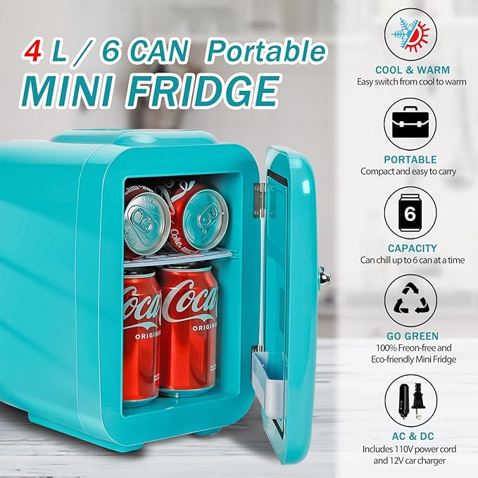 CAYNEL Mini Fridge, 4 Liter/ 6 Cans Small Refrigerator for Bedroom, 110V AC/ 12V DC Thermoelectric Cooler and Warmer for Drink Office Dorm Car, Blue