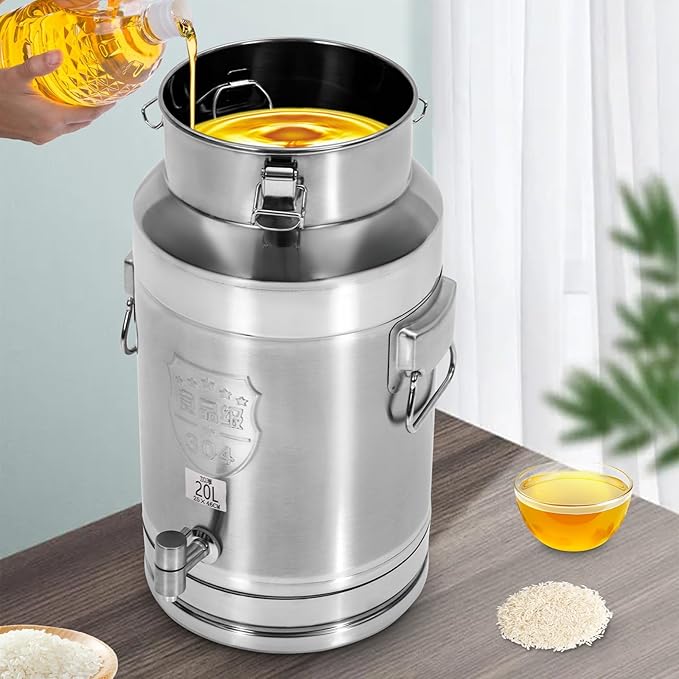 Milk Can Barrel Stainless Steel Beverage Drink Dispenser Large Capacity Storage Bucket Container with Faucet and Handles for Milk Coffee Wine Oil Rice Cereals Water (20L/5.28Gal)
