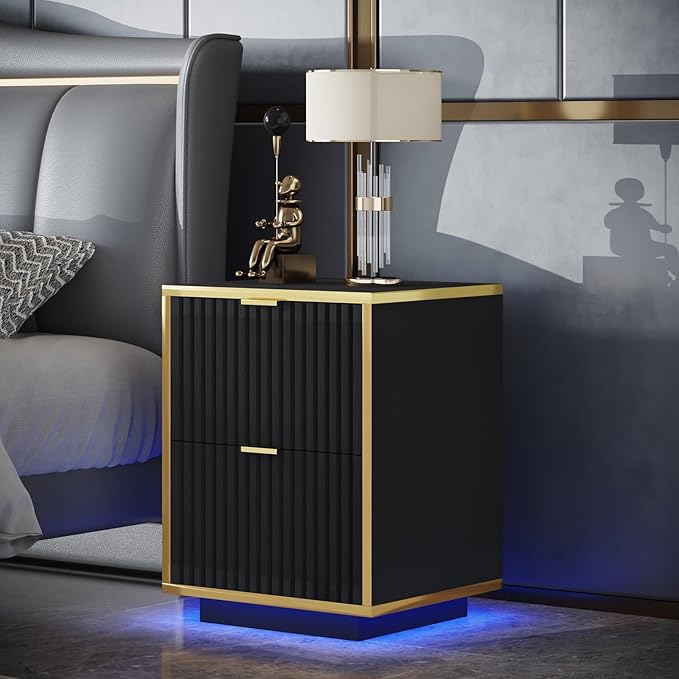 Fluted Nightstand, Black End Table with LED Lights, Modern Floating Night with Base, Bedside Table with Storage, End Table with Drawers for Bedroom, Black and Gold