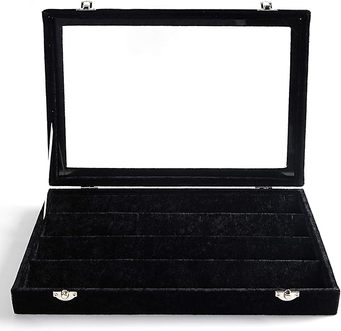 Frebeauty Earring Organizer Tray with Clear Lid 64 Slots Velvet Drawer Insert Earring Storage box with Transparent Glass lid Jewelry Display Case with lock Gifts for Women (Black, Earrings)