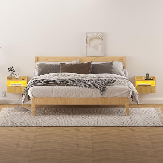 Floating Nightstand with Charging Station and LED Lights (Yellow Oak)