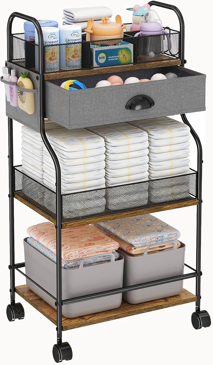 3-Tier Baby Diaper Caddy Cart Organizer with Drawer,Rolling Utility Cart & Bedside Nursery Essentials Cart for Newborn Baby Stuff, 2+1 Dividers, Baby Storage Organizer for Bedroom,Changing Table,Grib