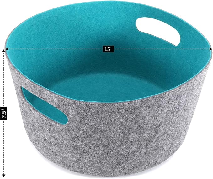 Welaxy Large Storage Basket Felt Open Storage Bins Desk Organize bin Shelf Box with Handles for Magazines Books Junk Kids Toys Pet Toy Clothes Laundry Organizing Round(Turquoise)