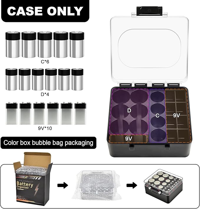 FULLCASE Battery Storage Organizer Box, Holder Container for 20 C D 9V Batteries, Plastic Home Batteries Variety Pack Protective Organization(Case Only) Black