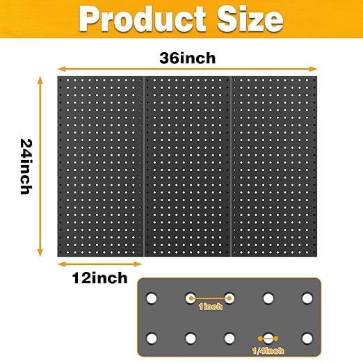 Pegboard Smith Metal Pegboard Panels 12" x 24", 3 Pack Black Wall Mounted Tool Organizer Boards, Heavy Duty Tool Storage Peg Board for Garage, Workbench, Office, Fits 1/4" Peg Hooks