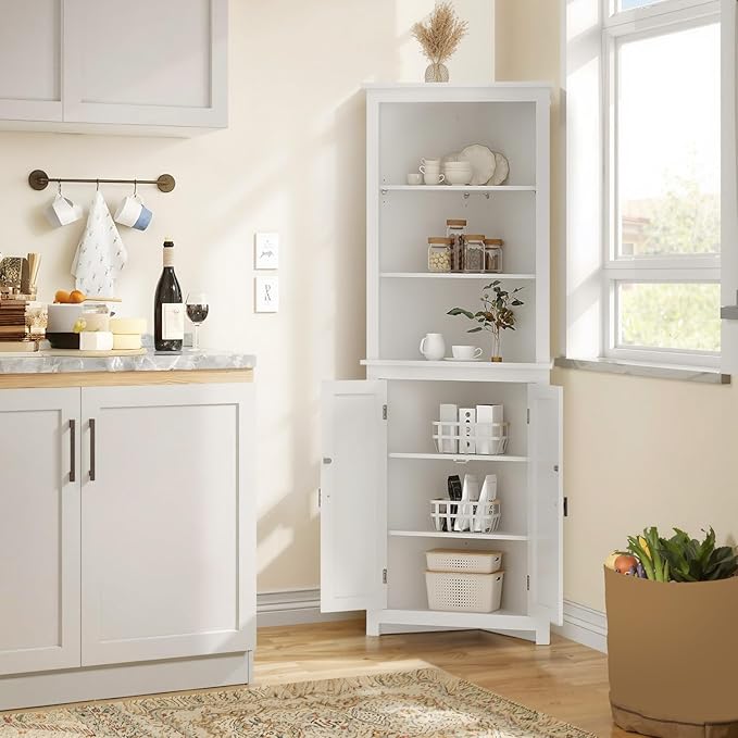 64 inch Farmhouse Corner Cabinet with 2 Barn Doors, Tall White Storage Cabinet with Adjustable Shelves, Multi-Purpose Buffet Pantry for Bathroom, Kitchen, Dining Room