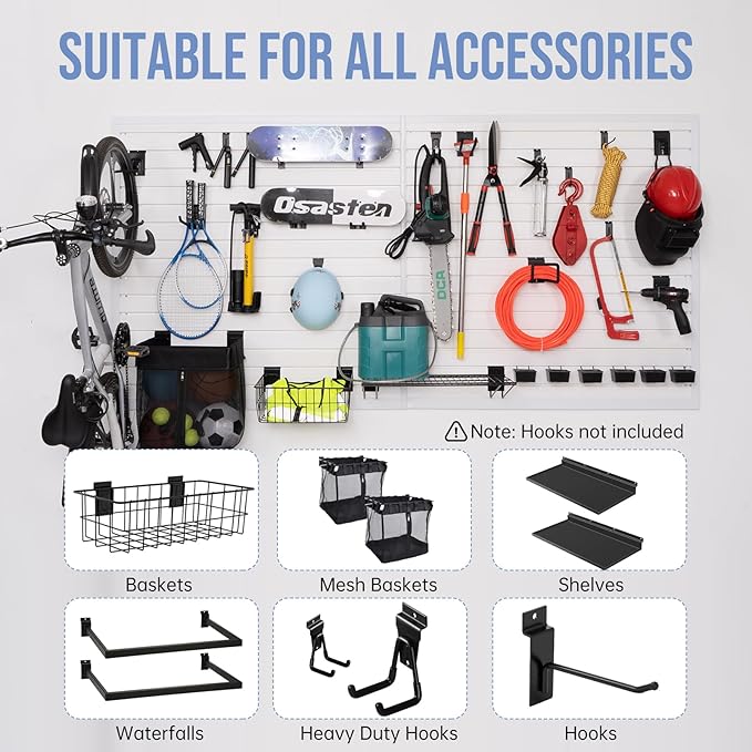 Slatwall Panels 4'x 4' Garage Slat Wall Storage Systems, Slat Wall Paneling Garage Wall Organizer, White Slat Board PVC Wall Panels Slatwall Displays Garage Tool Organizer Wall Mount Ladder Bike Rack