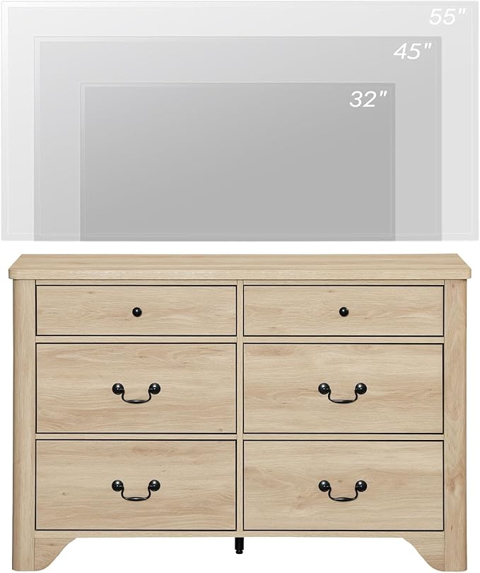 WAMPAT Dresser for Bedroom with 6 Drawers, 47.2" Wide Farmhouse Dressers Chests of Drawers with Curved Profile Design, Wood Closet Organizer for Bedroom, Hallway, Oak