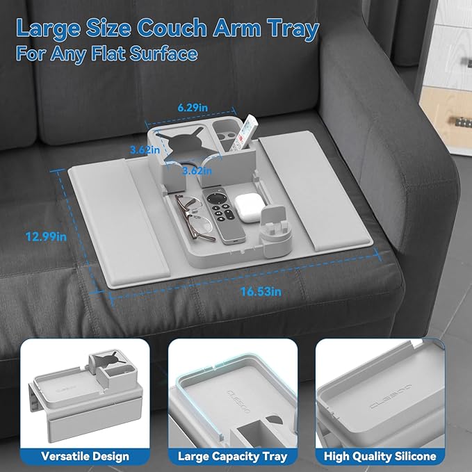 Couch Arm Cup Holder CLESOO Couch Arm Tray Anti-Slip Couch Cup Holder Silicone Sofa Armrest Tray Dual Side Pocket Couch Drink Holder Sofa Caddy Arm Remote Holder Snack Caddy with Phone Holder Grey