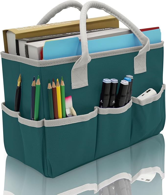 Cupohus Art Organizer Craft Storage Tote Bag with Pockets and Hadles, Oxford Fabric Carrying Caddy for Teacher, Officer, Artist, Traveler, and more – Dark Green