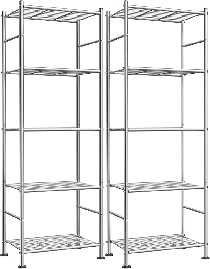 Storage Shelves - Set of 2, 5-Tier Metal Shelf Organizer, Space-Saving Garage Shelving with Leveling Feet, Standing Shelves Organizer for Kitchen, Laundry, Pantry (18.4"x12.6"x57.4", Silver)