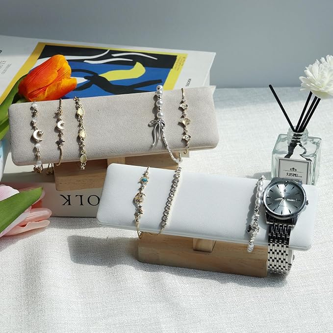 Wooden Watches Display Tower Base Watch Neck Bracelet Organizer Rack Bangle Scrunchie Headband Showcase Tower Beige Suede