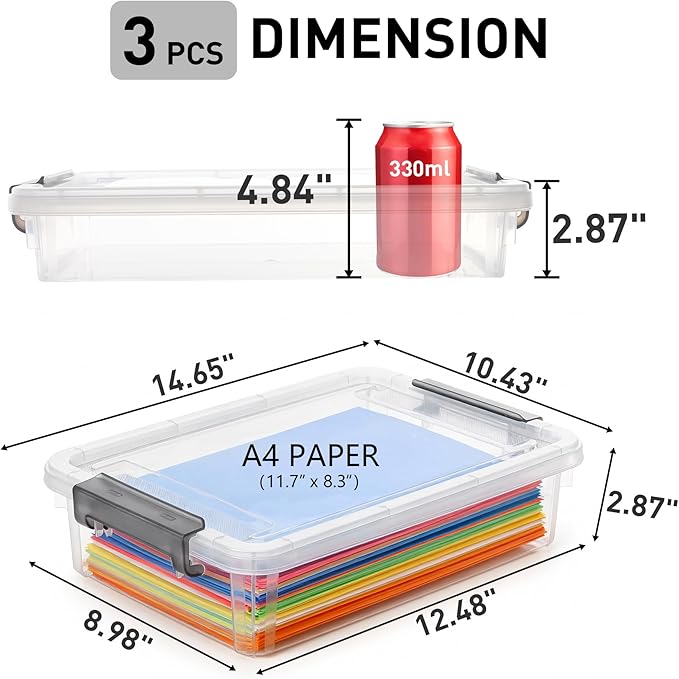 Citylife 3 PCS Plastic Storage Bins with Latching Lids Portable Project Case Clear File Box Stackable Storage Containers for Organizing B5 Paper, Photo, Document, Scrapbook