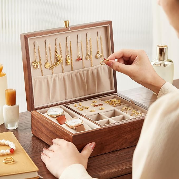 CHOSIN Black Walnut Wooden Jewelry Box for Women 2 Layer Jewelry Organizer with Removable Tray for Watches Rings Earrings Necklace Bracelets Storage Christmas Gifts