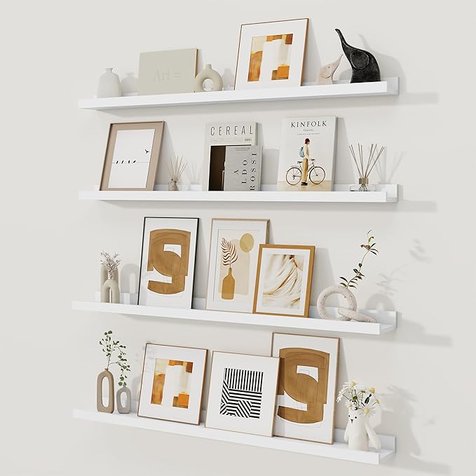 Fun Memories Picture Ledge Shelf, White Floating Shelves Set of 4, 36 Inch Picture Shelves for Wall with Ledge, Large Nursery Book Shelf for Toys Storage, Living Room, Bedroom Decor Frames