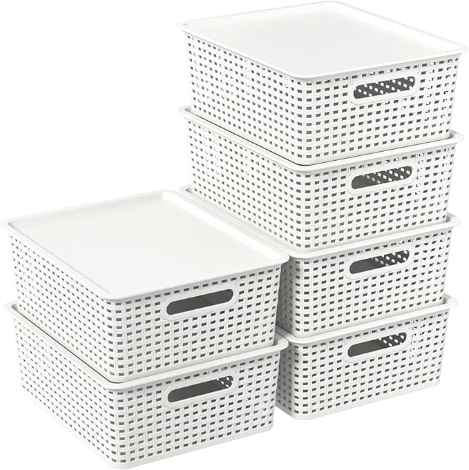 Wekioger Plastic Woven Baskets with Lids, Large White Storage Basket, Set of 6
