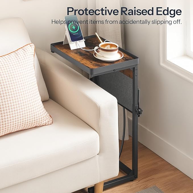 HOOBRO C-Shaped End Table with Charging Station, 29.5” Adjustable Height Side Table with Storage Pocket, Sofa Tray Table Slide Under Couch, for Living Room, Bedroom, Rustic Brown and Black BF78USF01