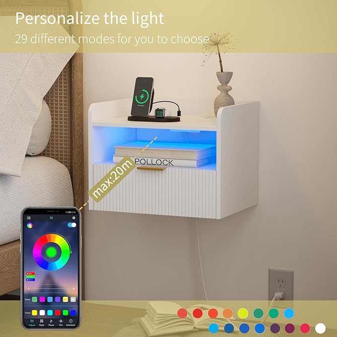 White Floating Nightstand with Charging Station and LED Lights (White)