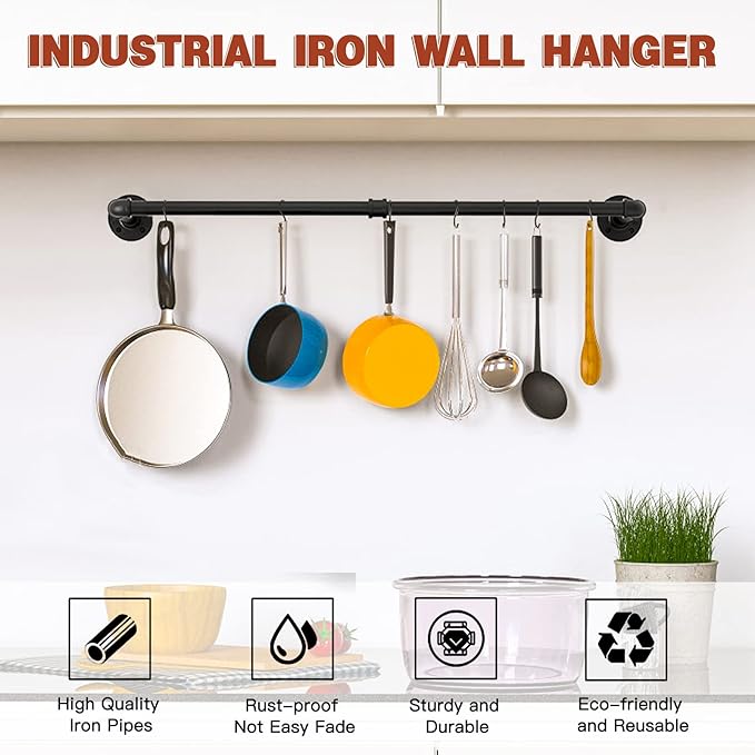 Wall Mounted Clothes Rack - 54"Industrial Pipe Clothing Garment Rack, Space - Saving Heavy Duty Detachable Black Iron Clothes Hanger Pole, Multi-Purpose Hanging Rod for Closet Storage, 2 Base