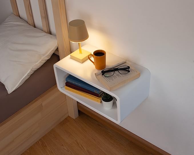 Floating Nightstand Wooden, Bedside Table, Nightstand Shelf, Handmade, Wall Mounted Bedside Shelf, Minimalist and Unique Style (White)